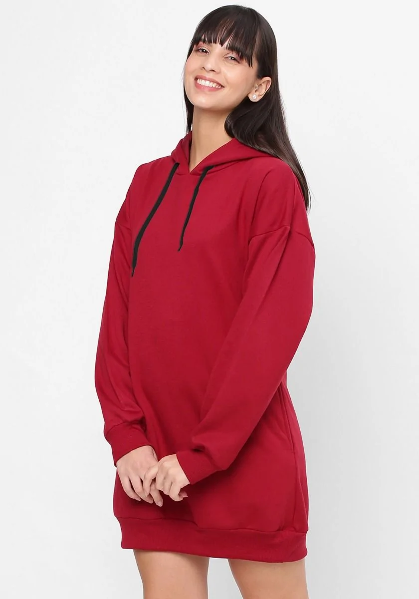 Women Oversized Hoodie Dress - Maroon