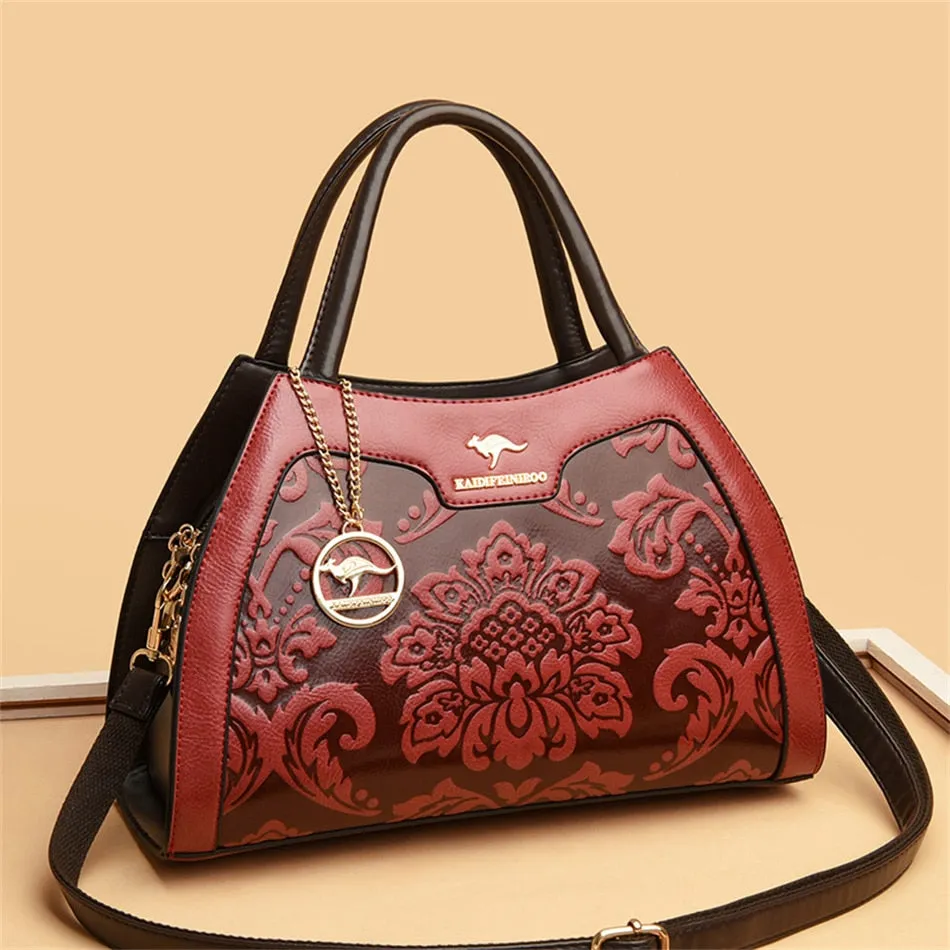 Women's Leather Floral Printed Shoulder Crossbody Casual Totes Bag