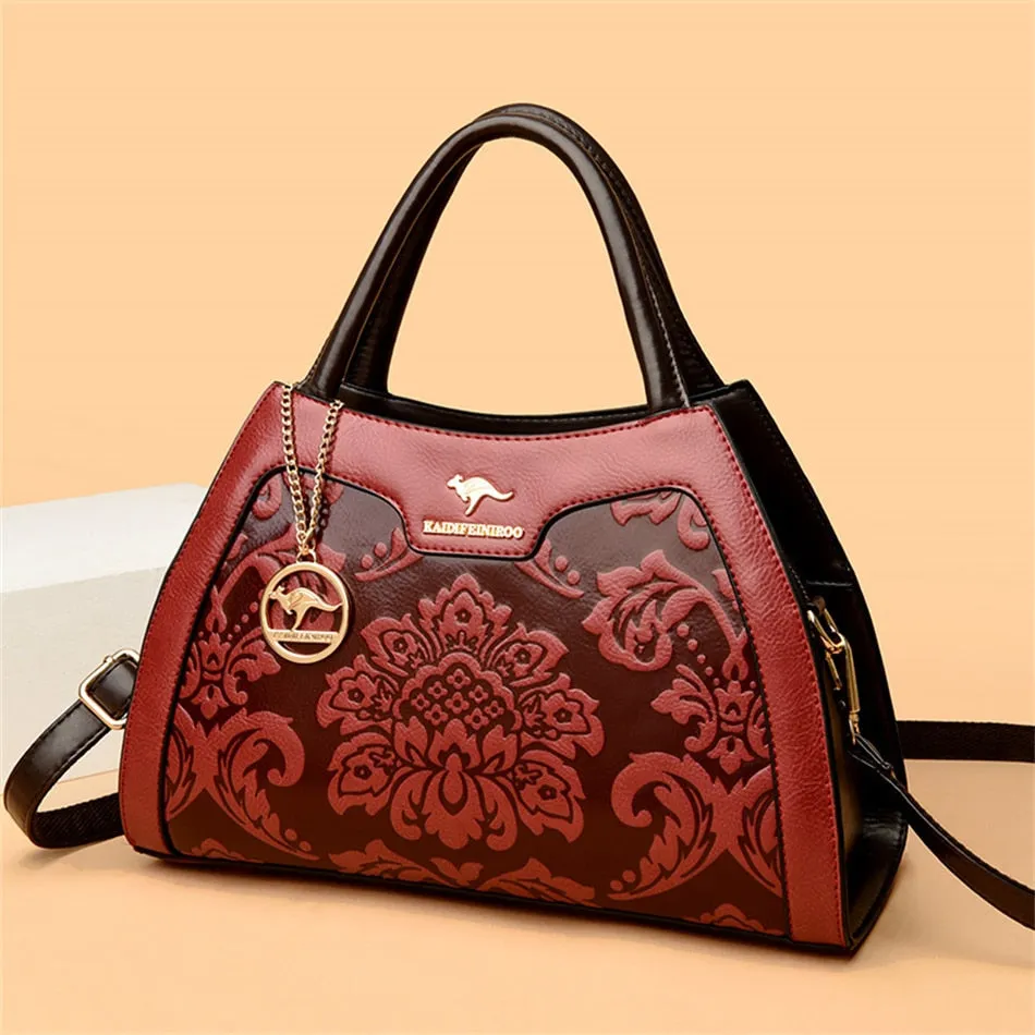 Women's Leather Floral Printed Shoulder Crossbody Casual Totes Bag