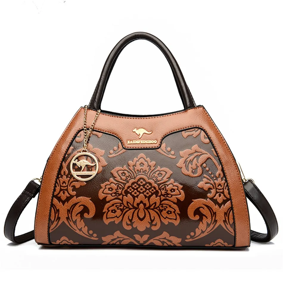 Women's Leather Floral Printed Shoulder Crossbody Casual Totes Bag