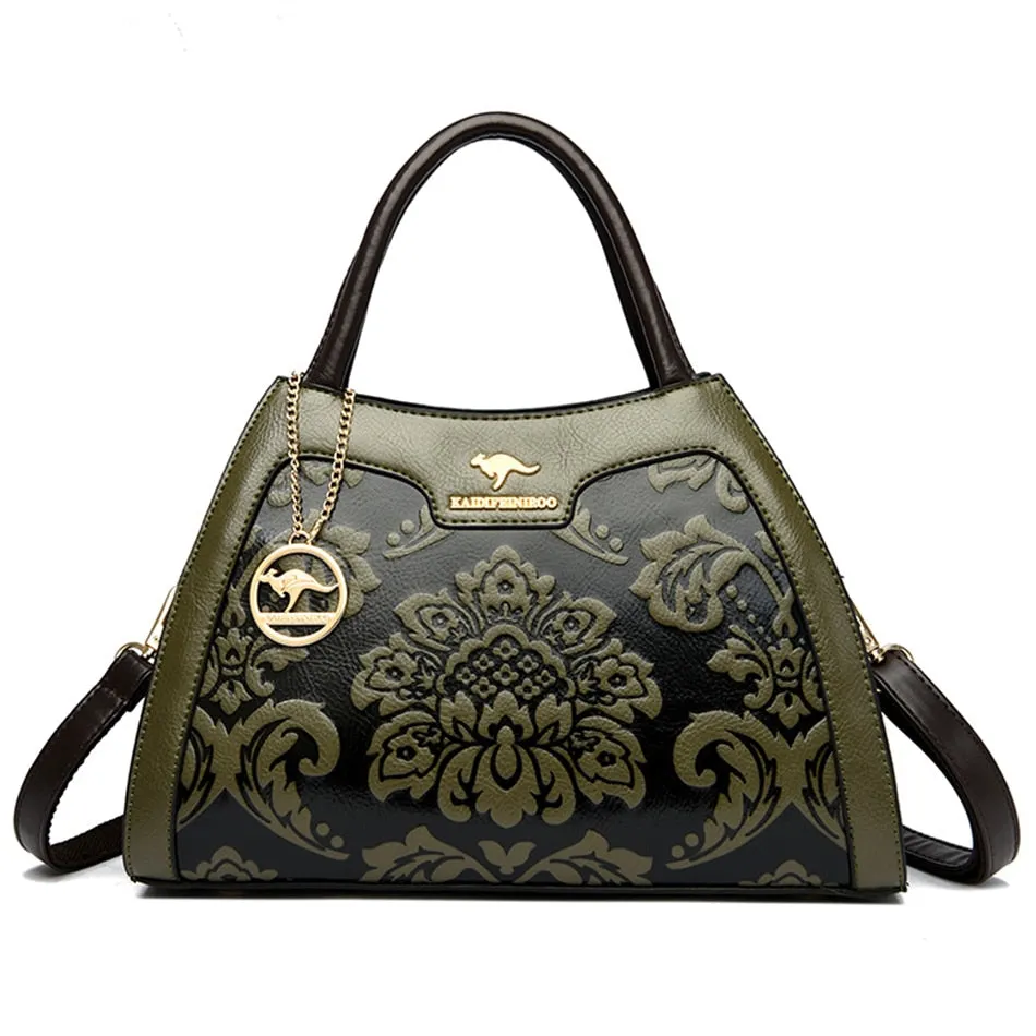 Women's Leather Floral Printed Shoulder Crossbody Casual Totes Bag